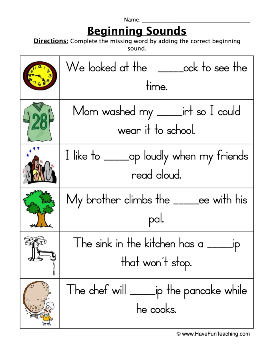 Beginning sounds practice: six pictured sentences to complete with clock, shirt, clap, tree, drip, and flip.