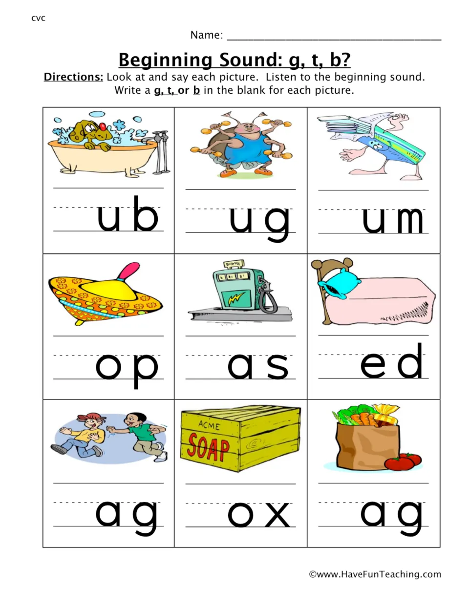 Beginning sounds practice: choose g, t, or b to complete tub, bug, gum, top, gas, bed, tag, box, and bag.