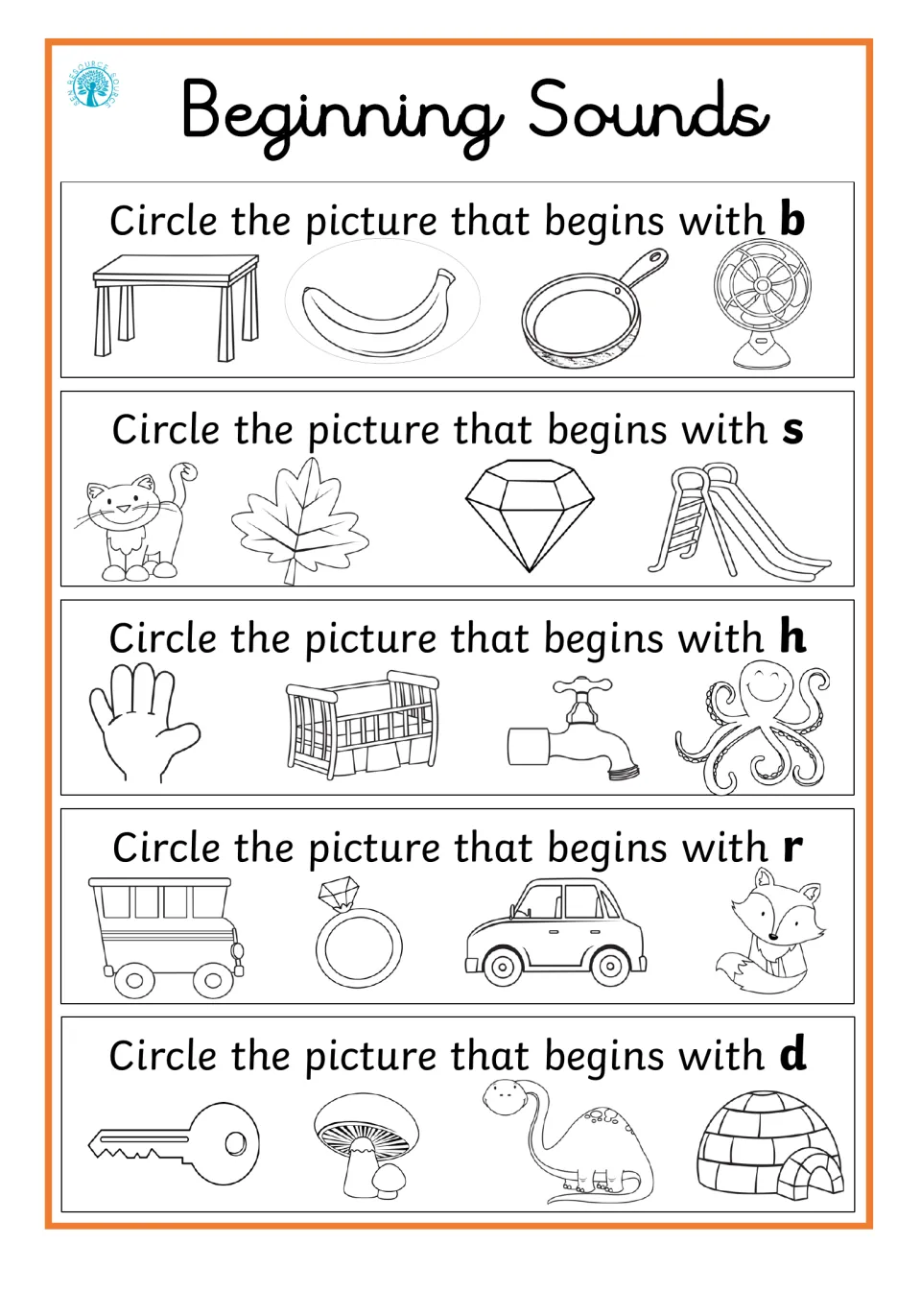 Initial sounds b, s, h, r and d: students circle the one picture of four that starts with each letter, like banana or slide