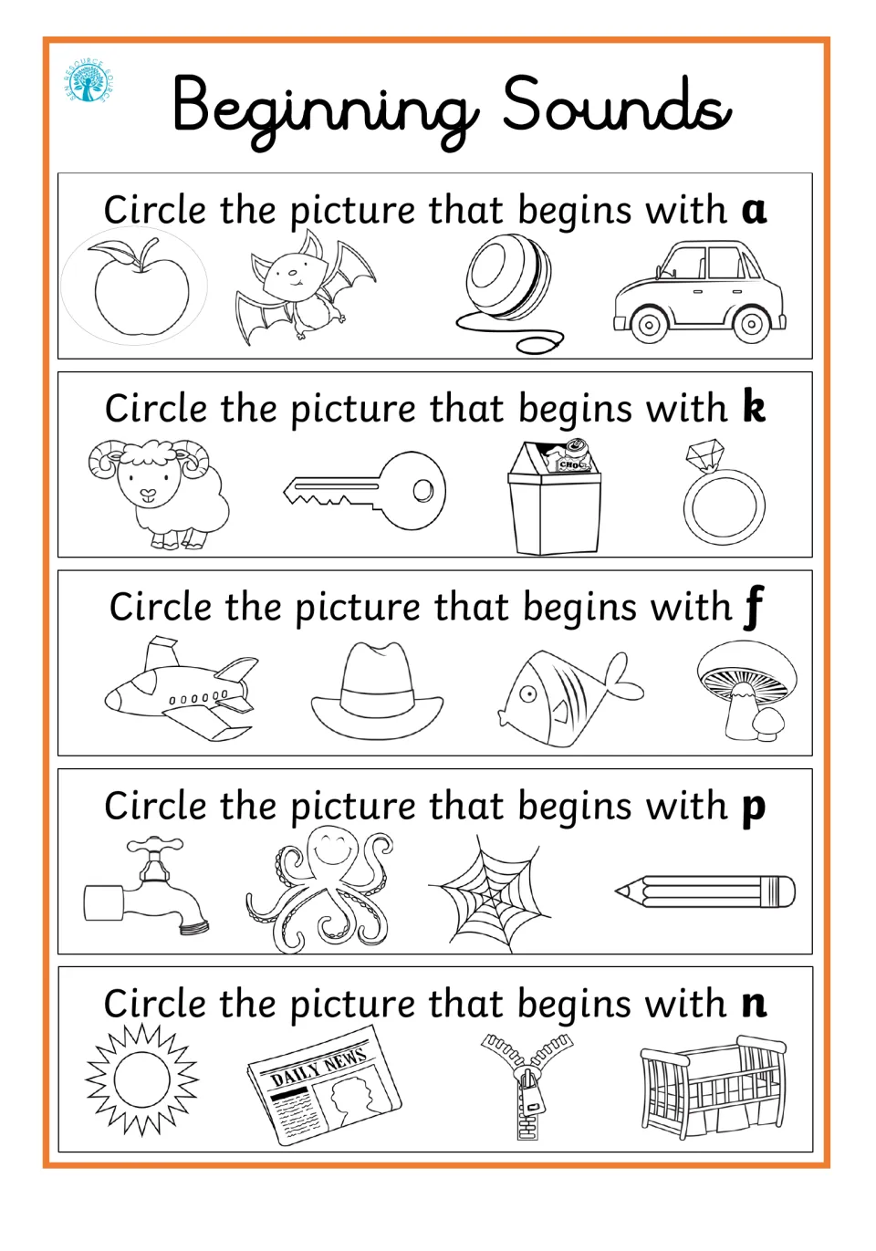 Initial sounds a, k, f, p and n: students circle the picture that starts with each letter, like apple, key, fish and pencil