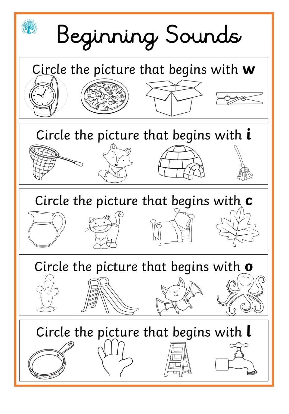 Initial sounds w, i, c, o and l: students circle the picture that starts with each letter, like watch, igloo, cat and ladder