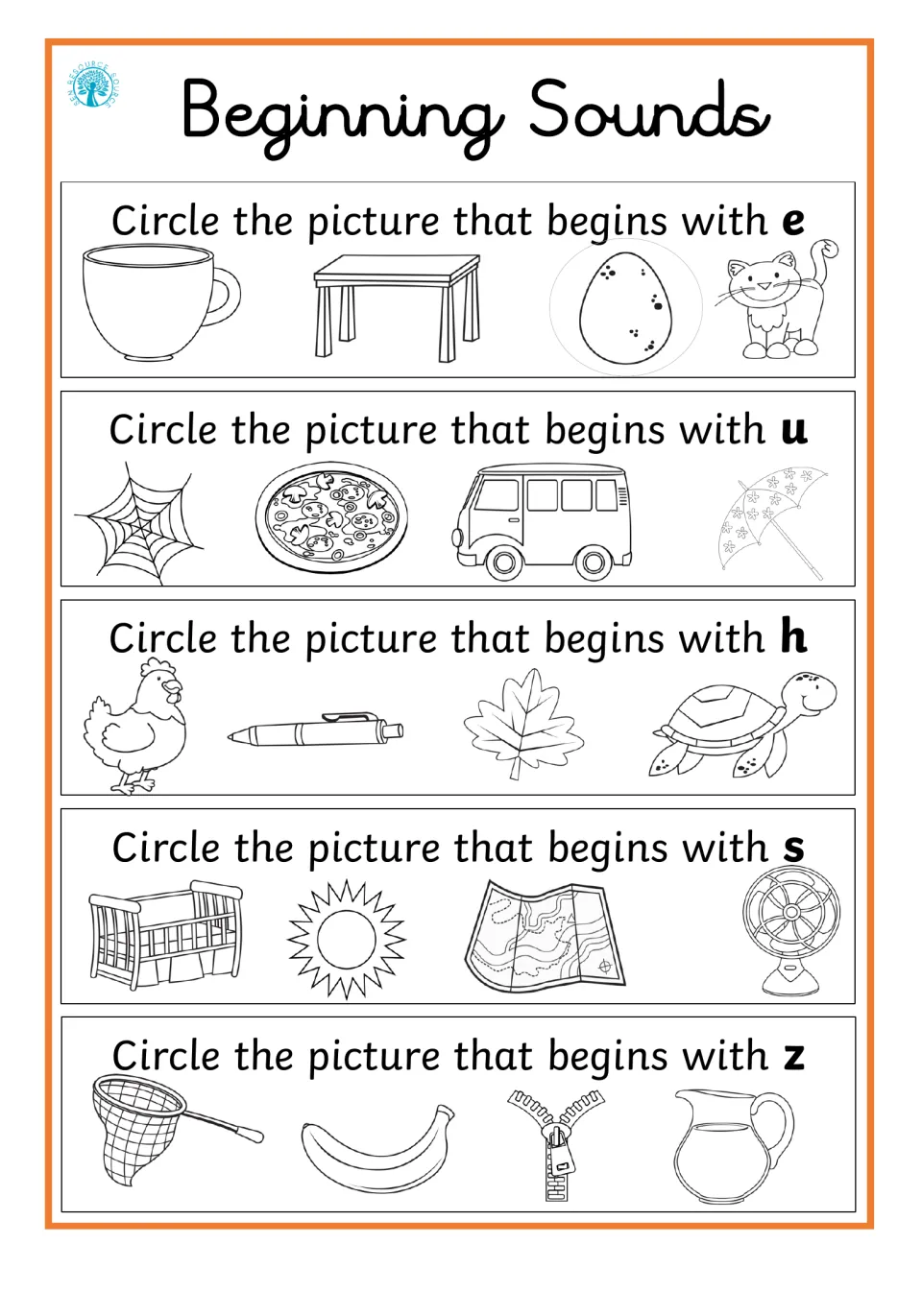 Initial sounds e, u, h, s and z: students circle the picture that starts with each letter, like egg, hen, sun and zipper