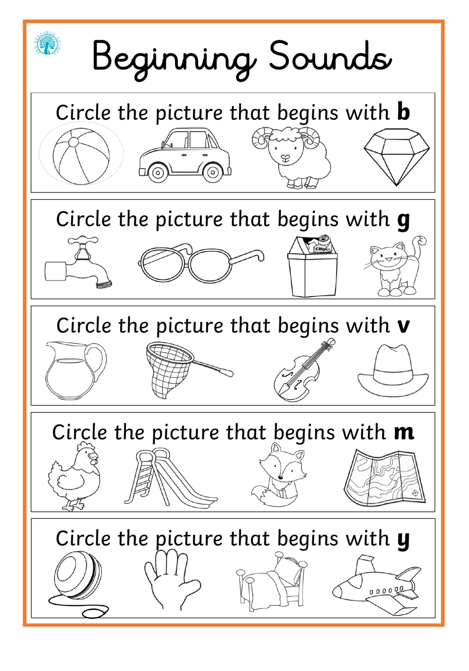 Initial sounds b, g, v, m and y: students circle the picture that starts with each letter, like ball, violin, map and yo-yo