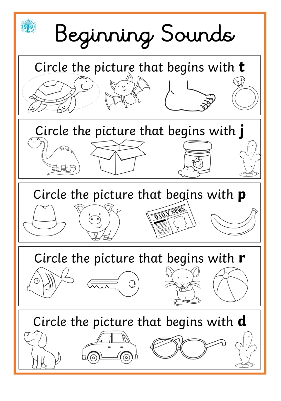 Initial sounds t, j, p, r and d: students circle the picture that starts with each letter, like turtle, jam, pig and dog