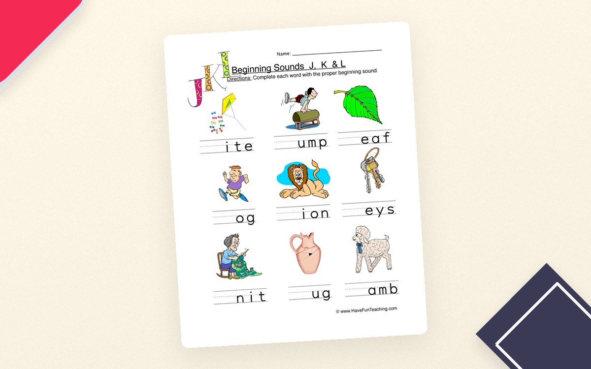 Beginning Sounds J K L Worksheet - Pictures preview: Picture clues paired with incomplete words
