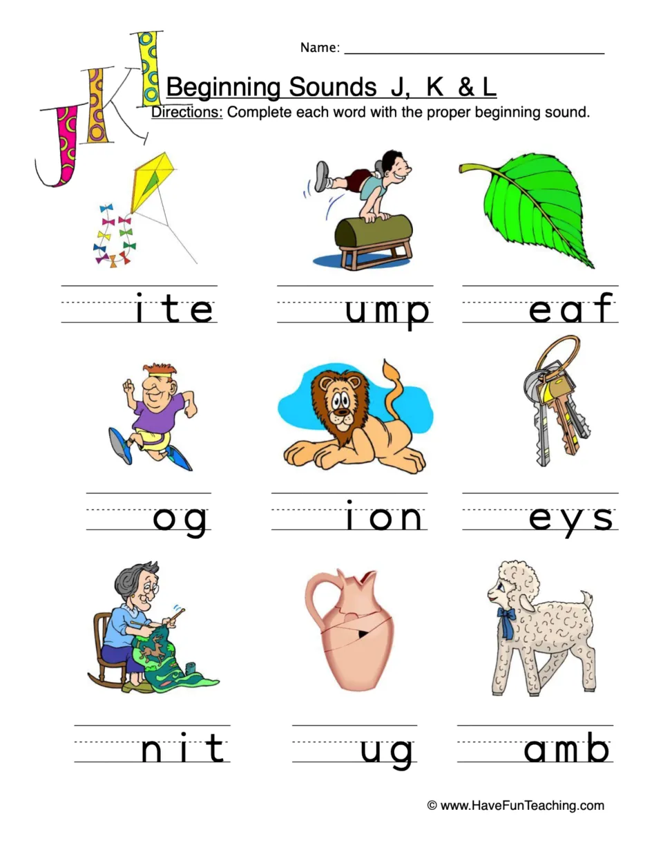Beginning sounds J, K and L: students write the missing first letter for 9 pictures, such as kite, lion, jug and lamb