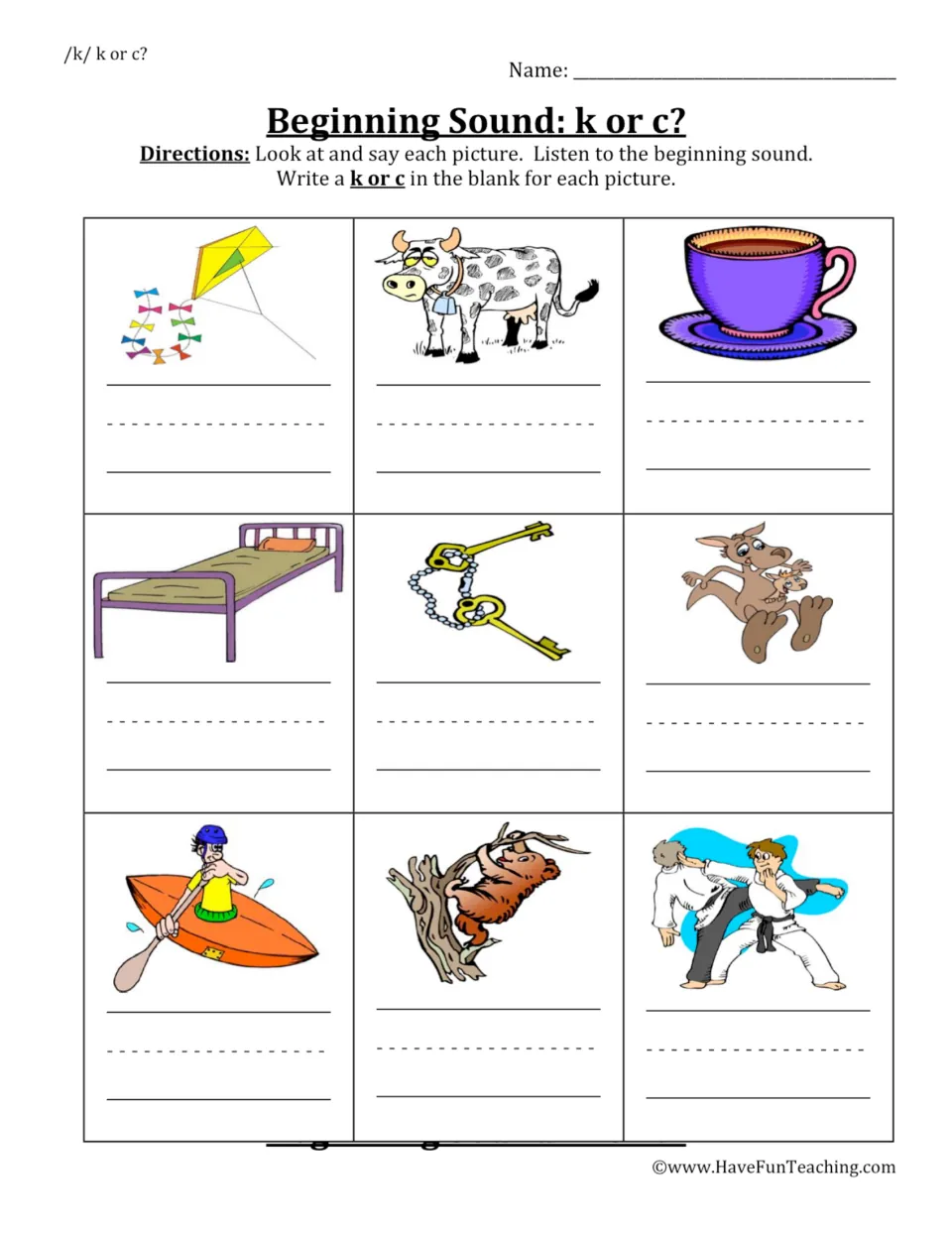 Beginning sound k or c: students say 9 pictures such as kite, cow, cup and kangaroo, then write k or c for each