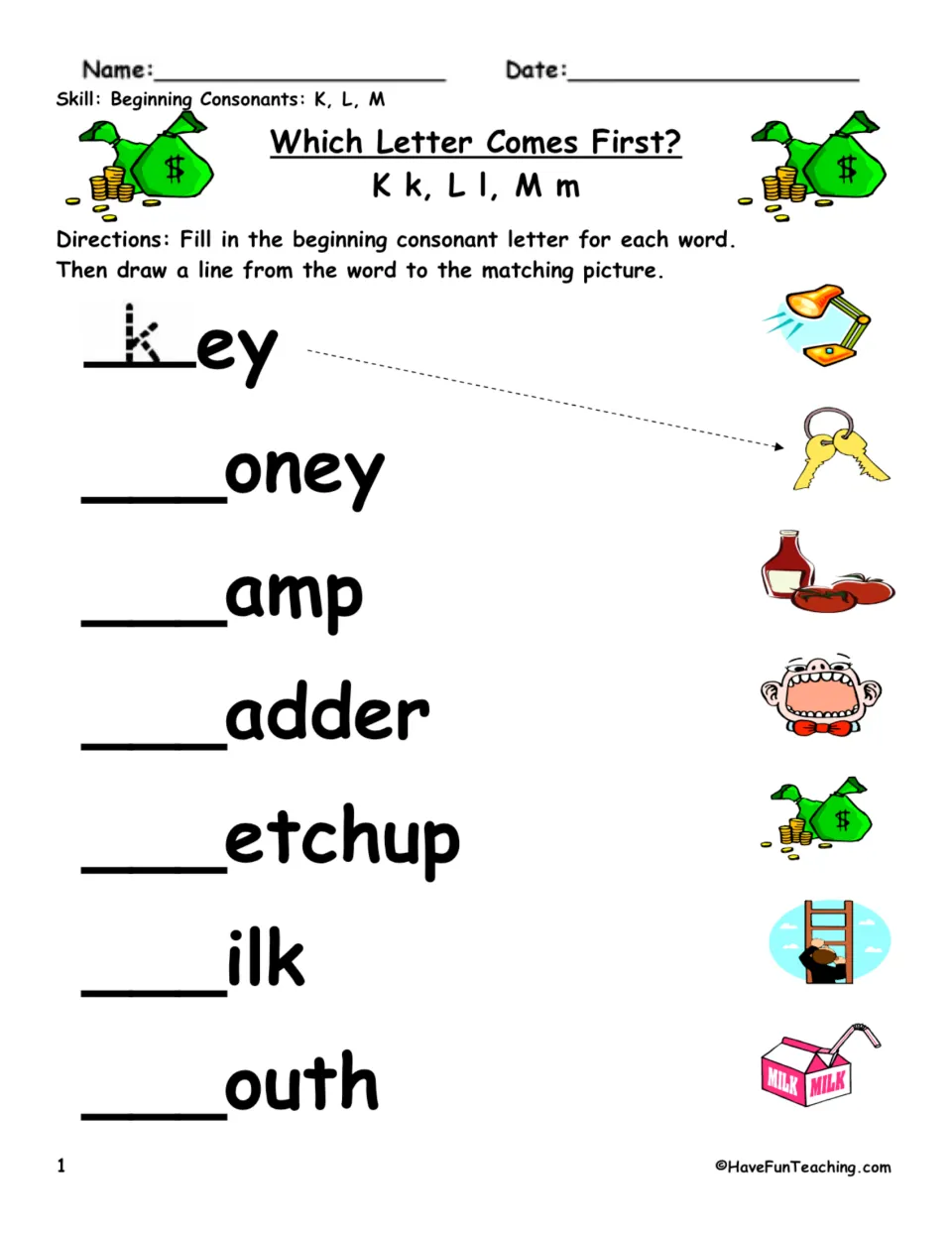 K, L, M beginning-letter practice: complete and match key, money, lamp, ladder, ketchup, milk, and mouth.
