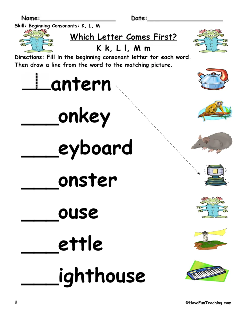 K, L, M beginning-letter practice: match lantern, monkey, keyboard, monster, mouse, kettle, and lighthouse.