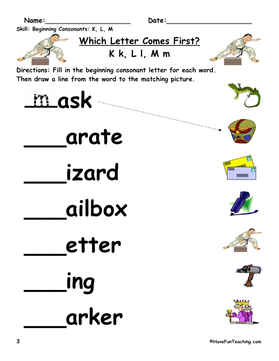 K, L, M beginning-letter practice: complete and match mask, karate, lizard, mailbox, letter, king, and marker.