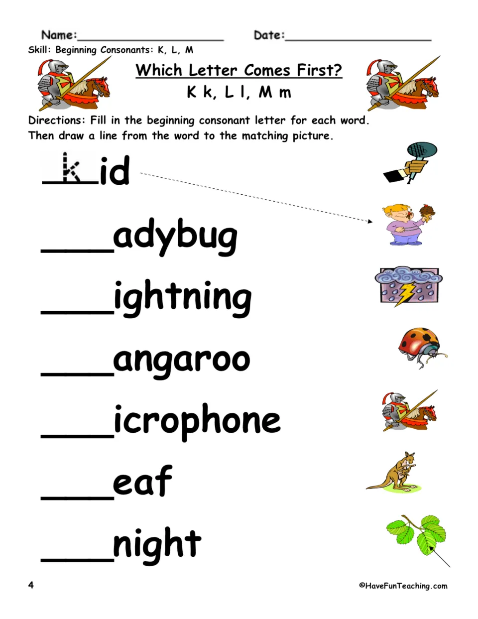 K, L, M beginning-letter practice: match kid, ladybug, lightning, kangaroo, microphone, leaf, and knight.