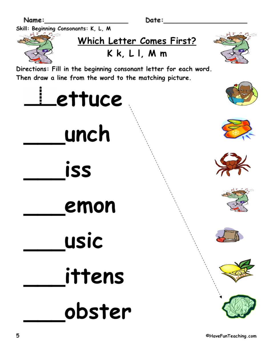 K, L, M beginning-letter practice: complete and match lettuce, lunch, kiss, lemon, music, mittens, and lobster.
