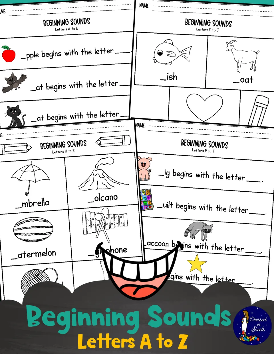 Beginning Sounds Letters A to Z cover: sentence and picture-word pages for letters A to E, F to J, P to T and U to Z