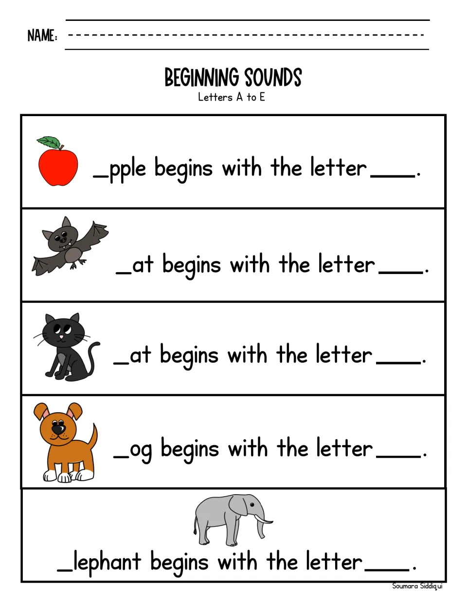 Letters A to E: students name the first letter of apple, bat, cat, dog and elephant to finish each 'begins with' sentence