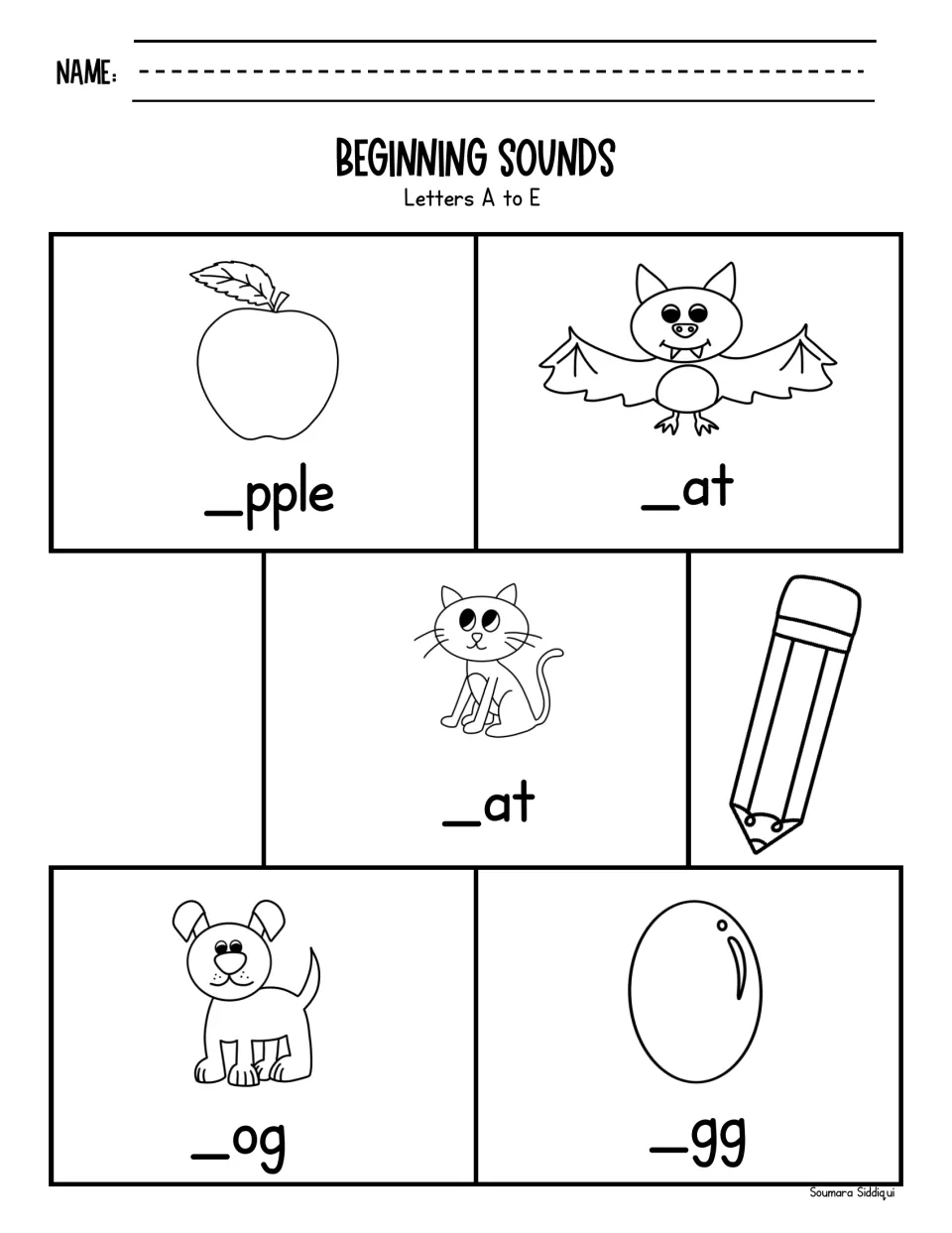 Letters A to E picture words: students write the missing first letter of _pple, _at (bat), _at (cat), _og and _gg