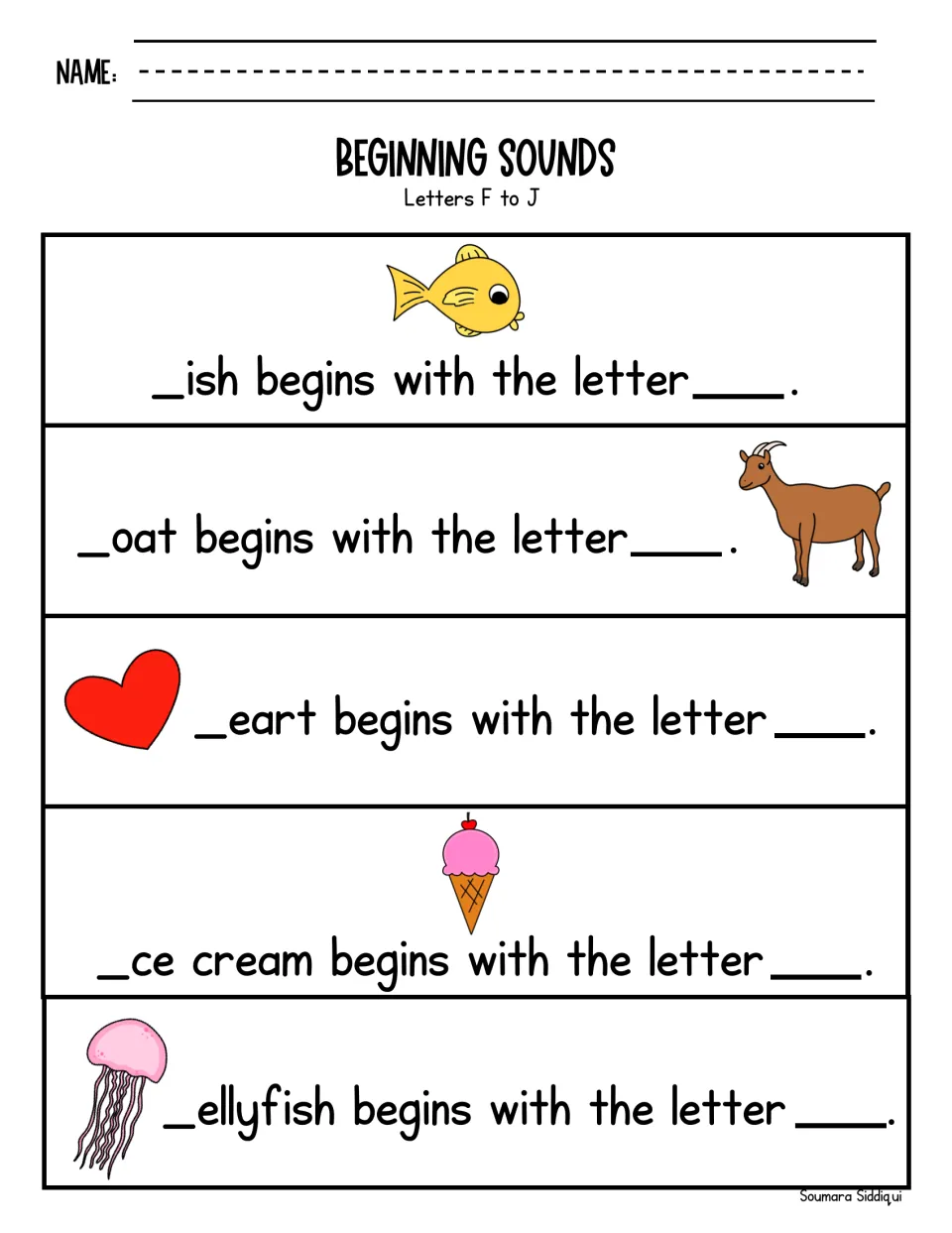 Letters F to J: students identify the first letter of fish, goat, heart, ice cream and jellyfish to finish each sentence