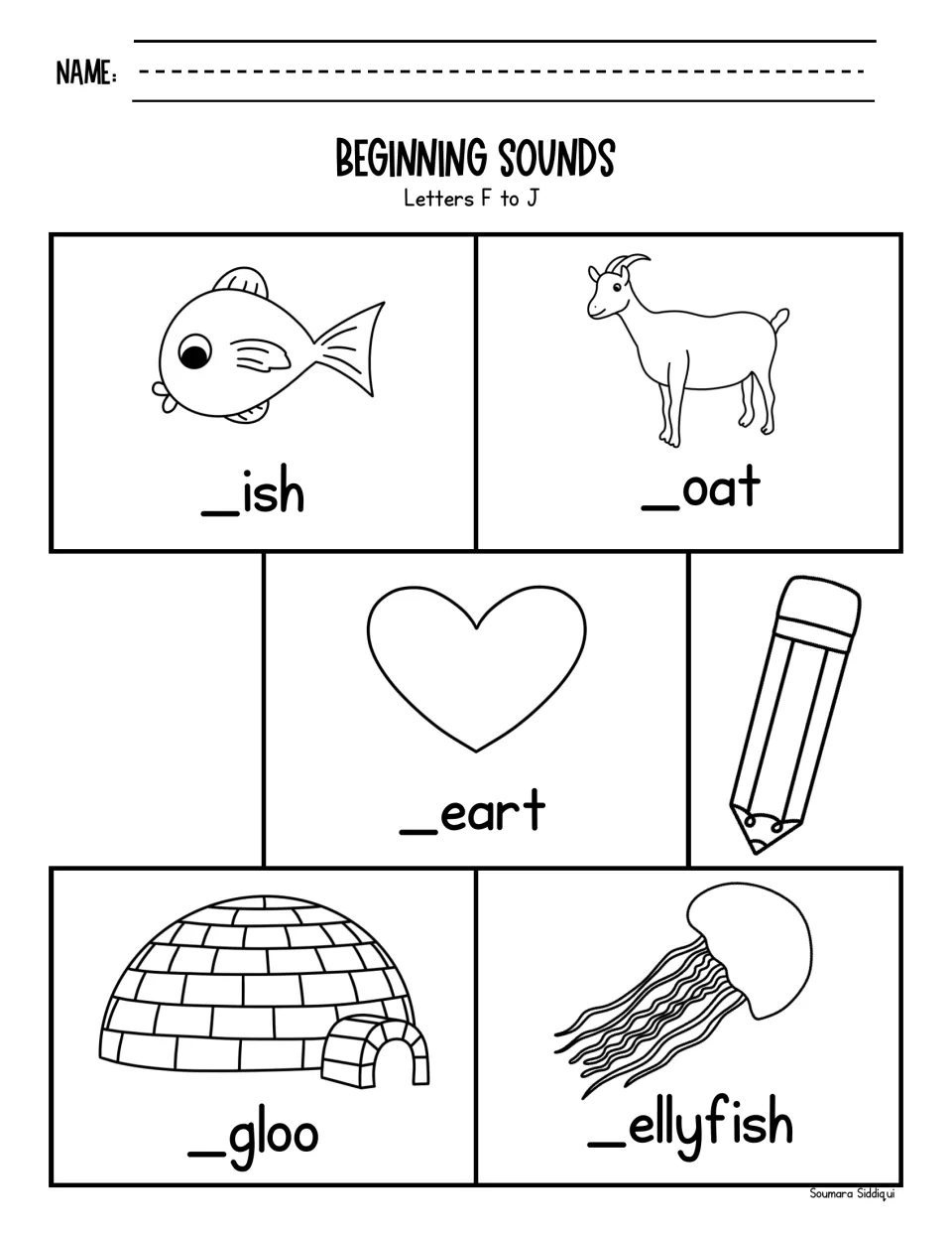 Letters F to J picture words: students add the missing initial letter to _ish, _oat, _eart, _gloo and _ellyfish