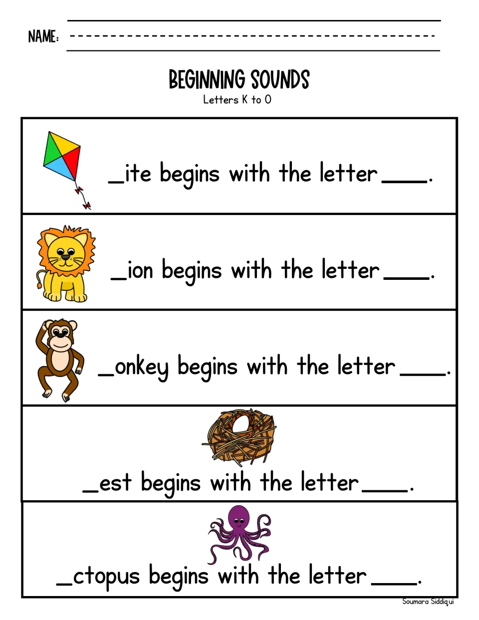 Letters K to O: students fill in the beginning letter of kite, lion, monkey, nest and octopus in each sentence