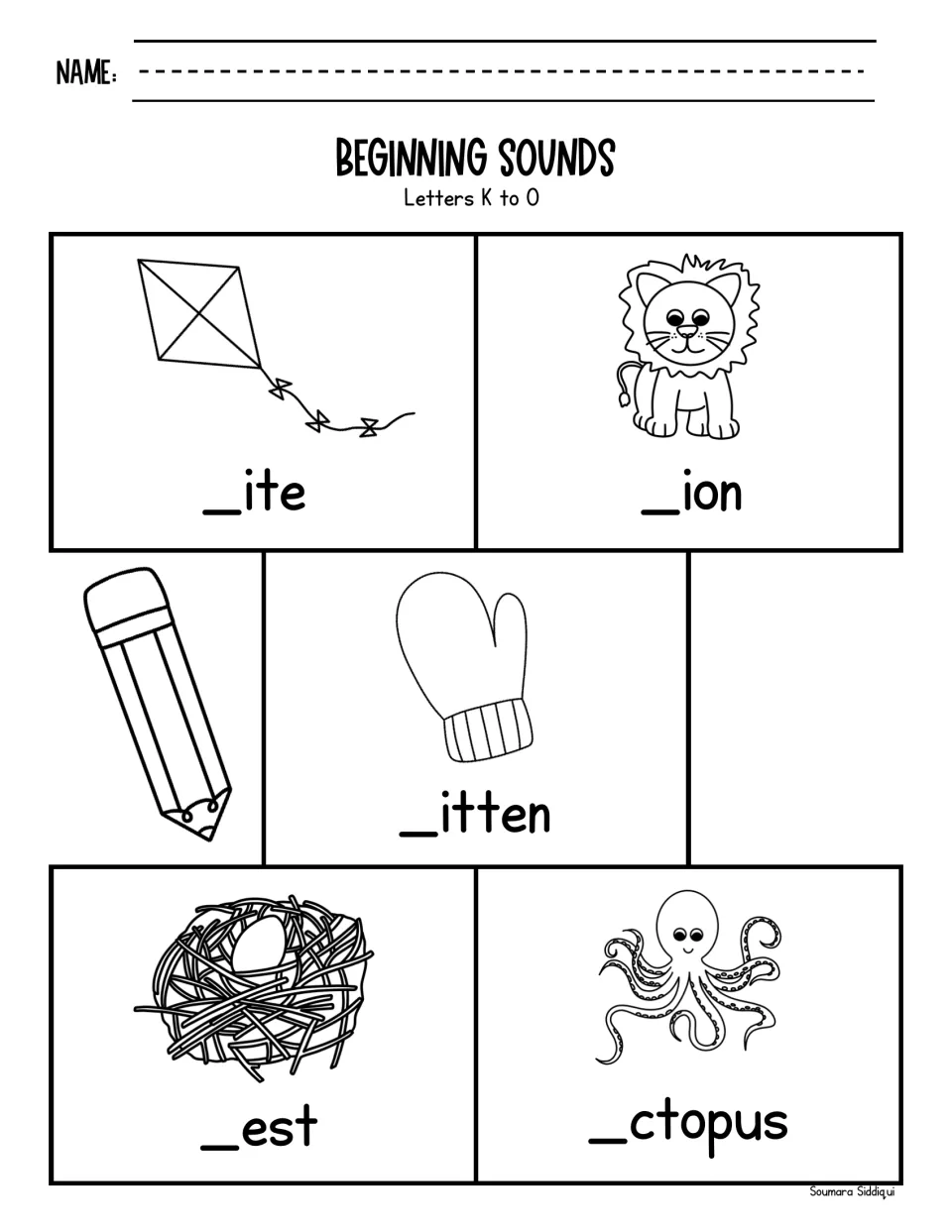 Letters K to O picture words: students write the missing first letter of _ite, _ion, _itten (mitten), _est and _ctopus