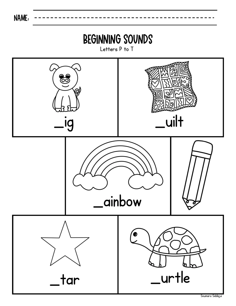 Letters P to T picture words: students write the initial letter for _ig, _uilt, _ainbow, _tar and _urtle