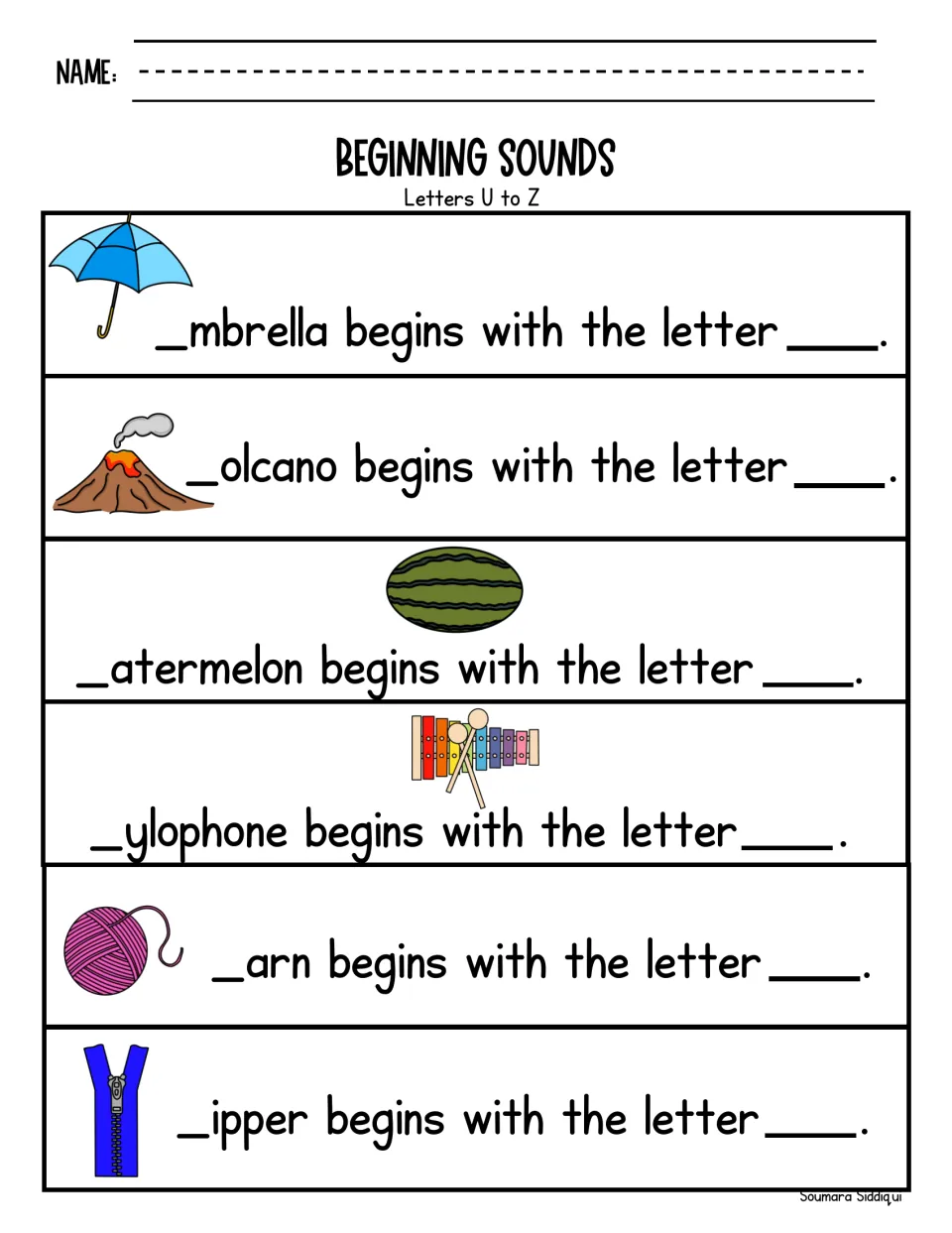 Letters U to Z: students name the first letter of umbrella, volcano, watermelon, xylophone, yarn and zipper