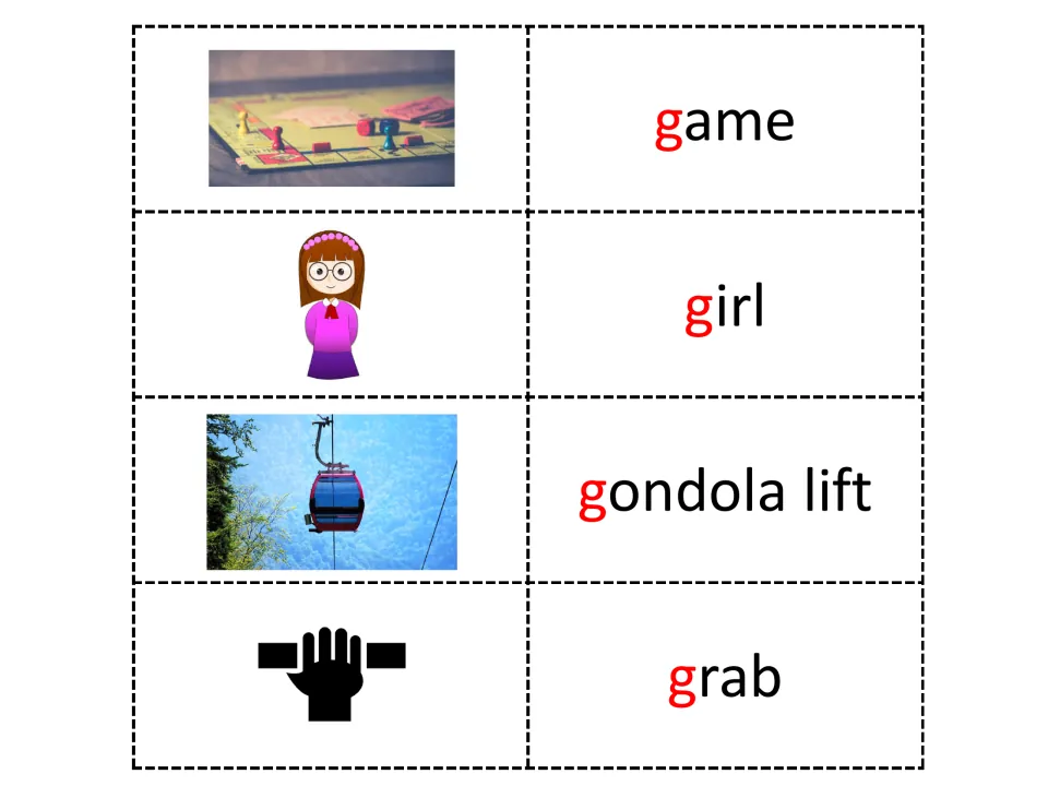 More G sound cards: a board game, girl, gondola lift and grabbing hand, each paired with its word card for matching