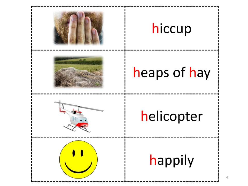 H sound match cards: hiccup, heaps of hay, helicopter and happily, each word card paired with a photo or clip-art picture