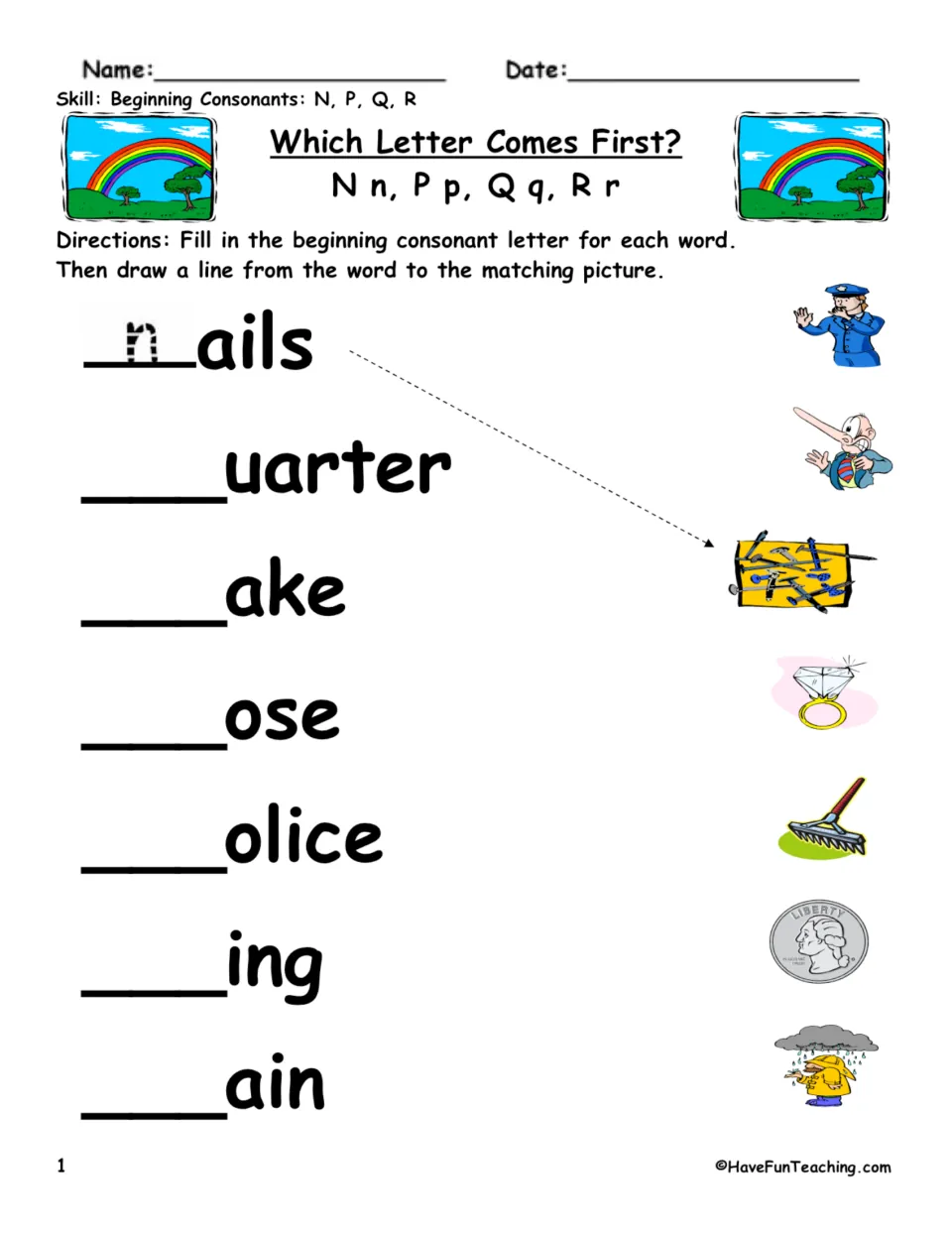 Beginning consonant practice 1: fill in N, P, Q, or R for nails, quarter, rake, and four more; match pictures.