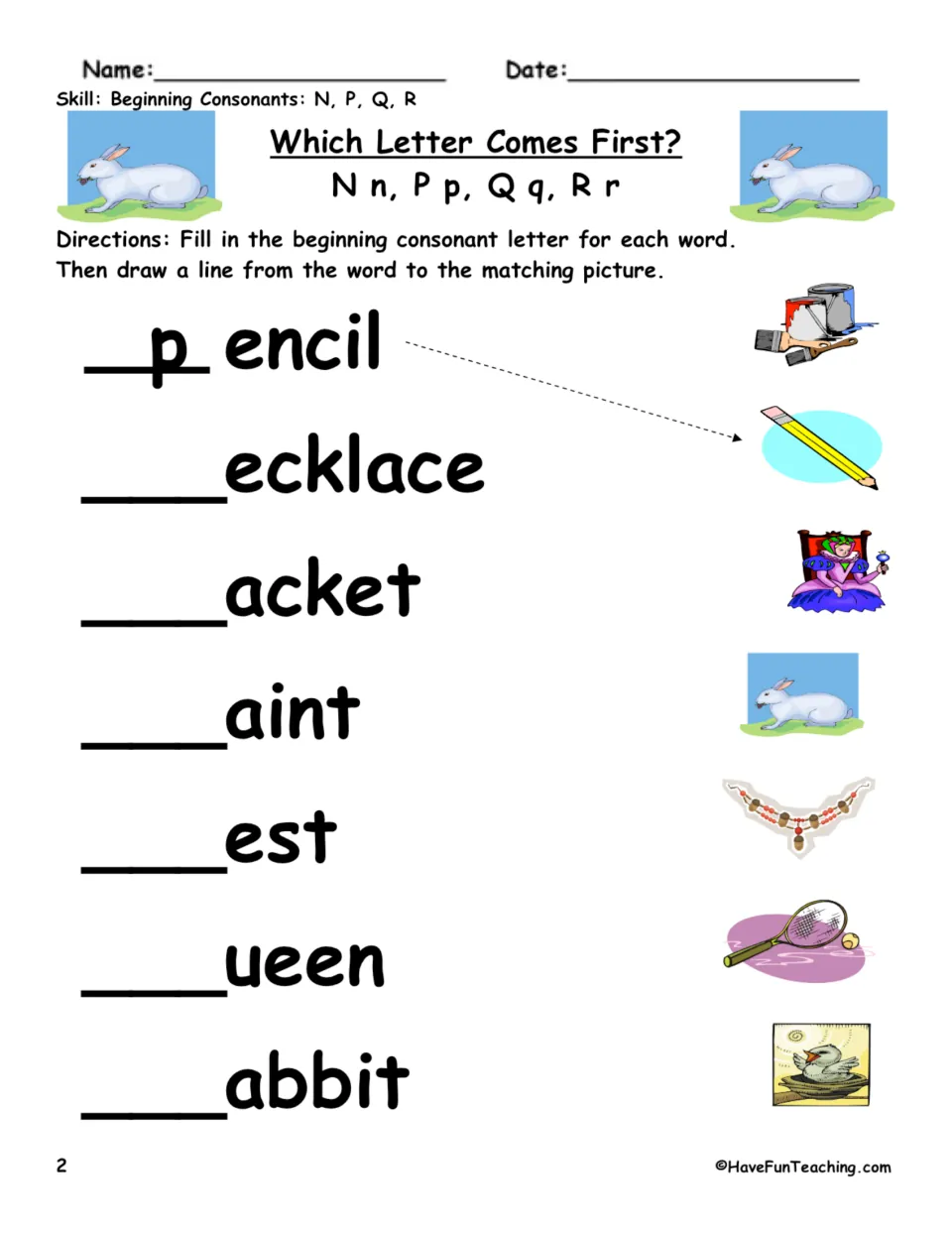 Beginning consonant practice 2: fill in N, P, Q, or R for pencil, necklace, racket, and four more; match pictures.