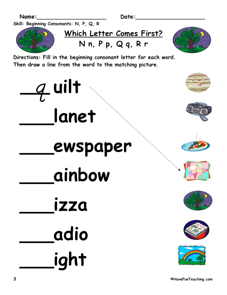 Beginning consonant practice 3: fill in N, P, Q, or R for quilt, planet, newspaper, and four more; match pictures.