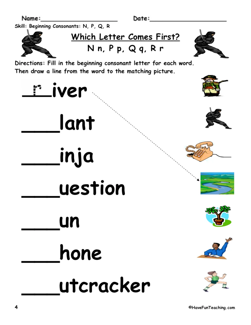 Beginning consonant practice 4: fill in N, P, Q, or R for river, plant, ninja, and four more; match pictures.