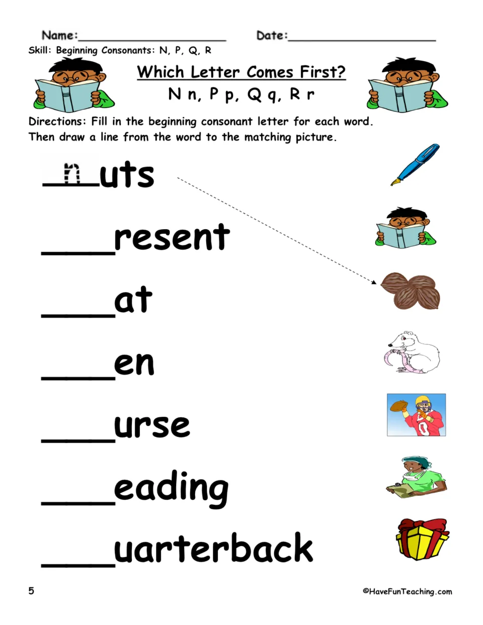 Beginning consonant practice 5: fill in N, P, Q, or R for nuts, present, rat, and four more; match pictures.