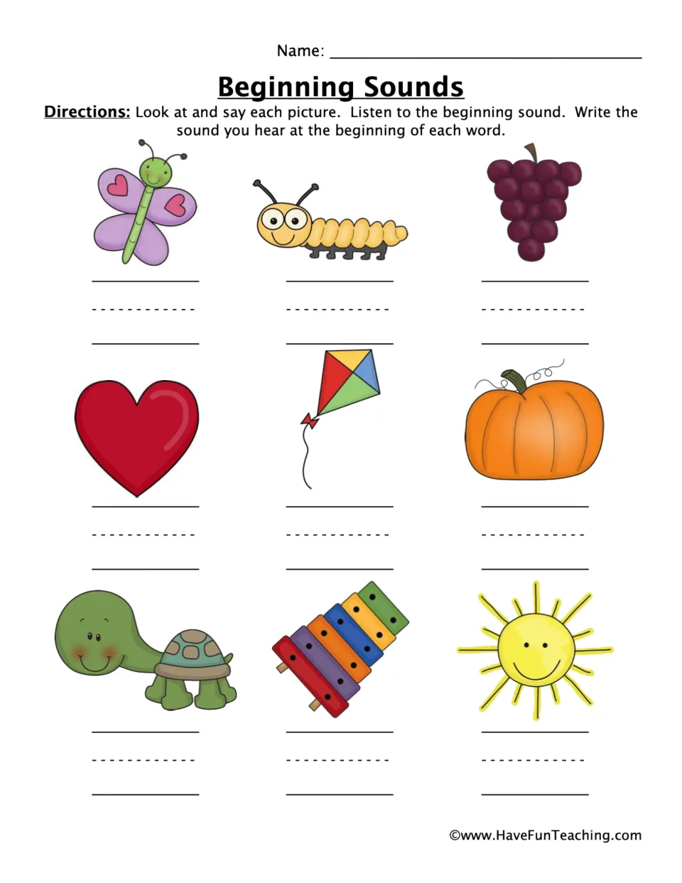 Beginning sounds practice: identify initial sounds for butterfly, caterpillar, grapes and six more pictures.