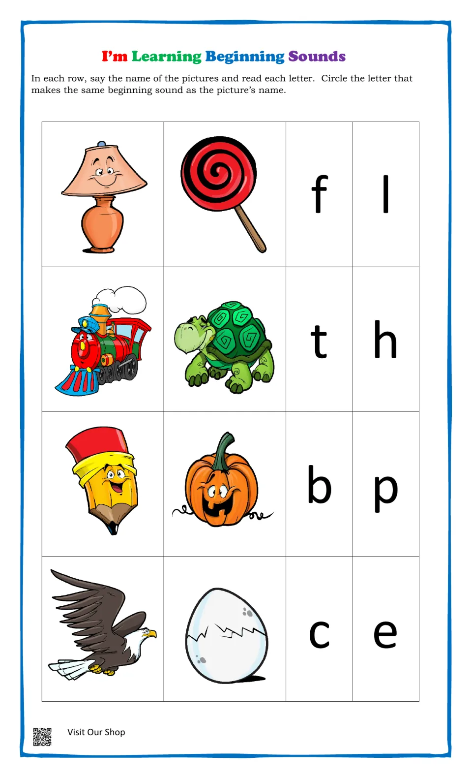 Letter-sound match: students say lamp, lollipop, train, turtle, pencil, pumpkin, eagle and egg, then pick the first letter