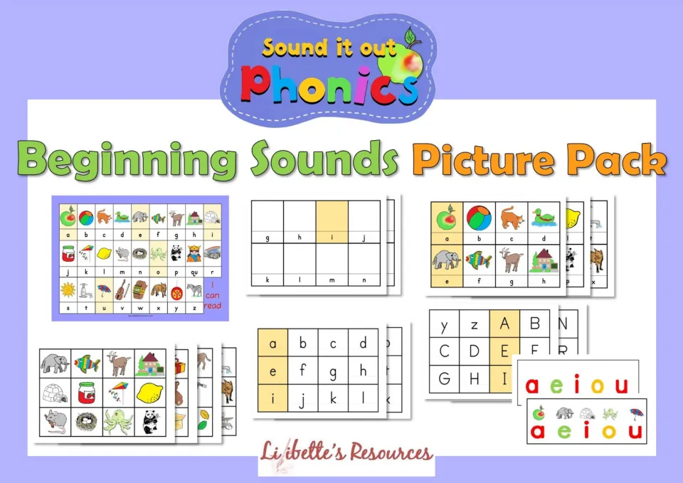 Sound it out Phonics Beginning Sounds Picture Pack cover showing an alphabet chart, picture and letter cards, vowel strips