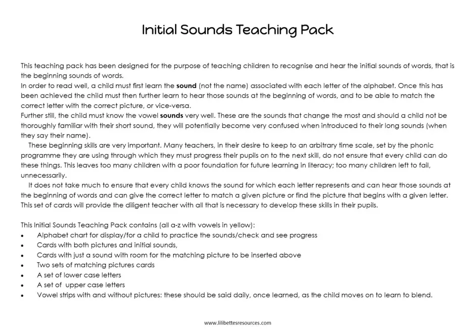 Initial Sounds Teaching Pack introduction on why letter sounds come first, listing the chart, card sets and vowel strips