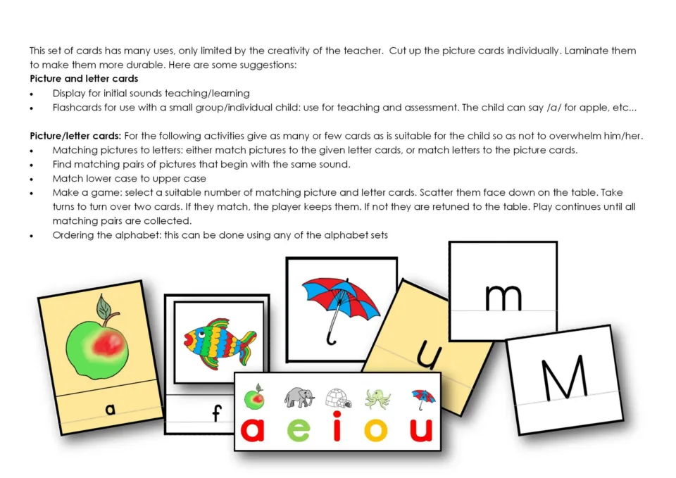 Ideas for using the cards: sound display, flashcards, matching pictures to letters, a memory pairs game and alphabet order