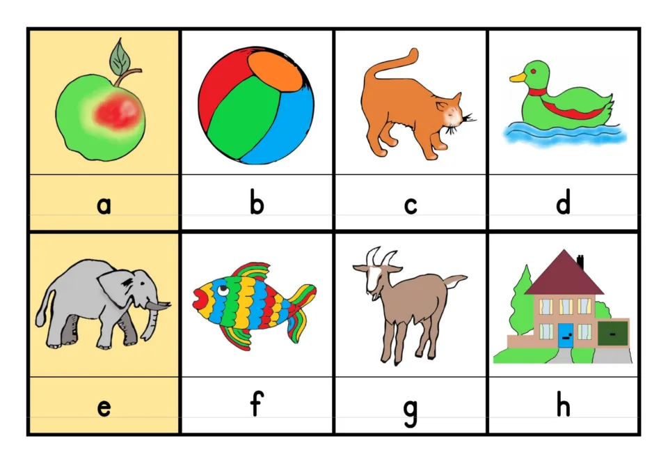 Picture cards a to h for beginning sounds: apple, ball, cat, duck, elephant, fish, goat and house, vowels shaded yellow