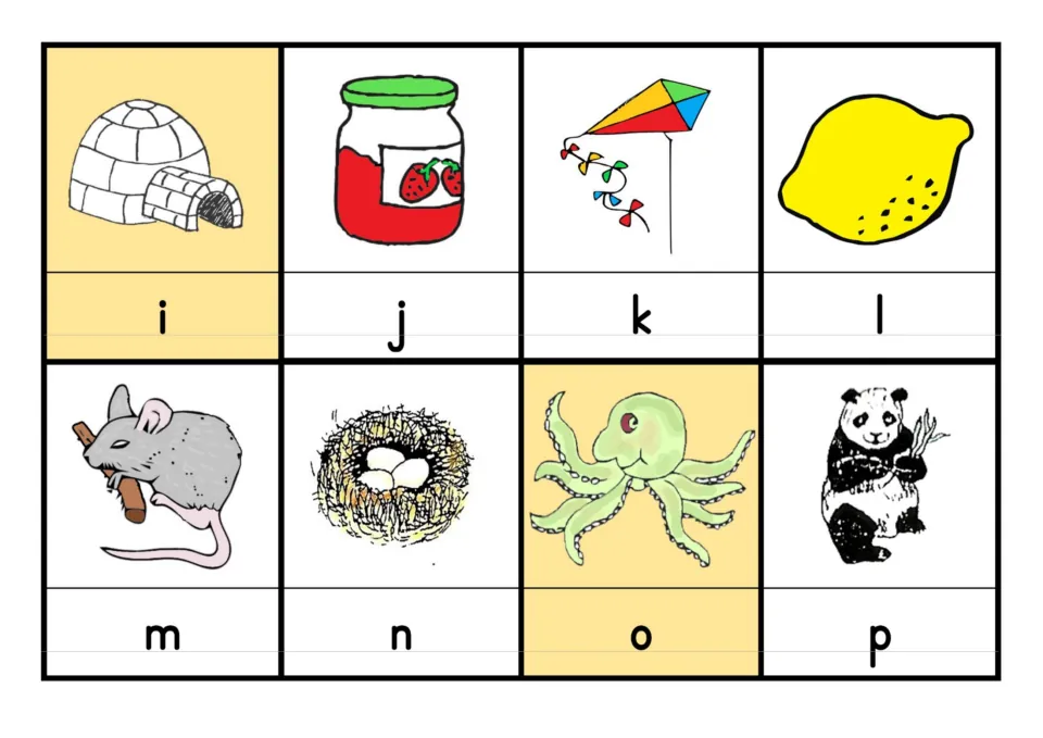 Picture cards i to p: igloo, jam, kite, lemon, mouse, nest, octopus and panda, each labeled with its beginning letter