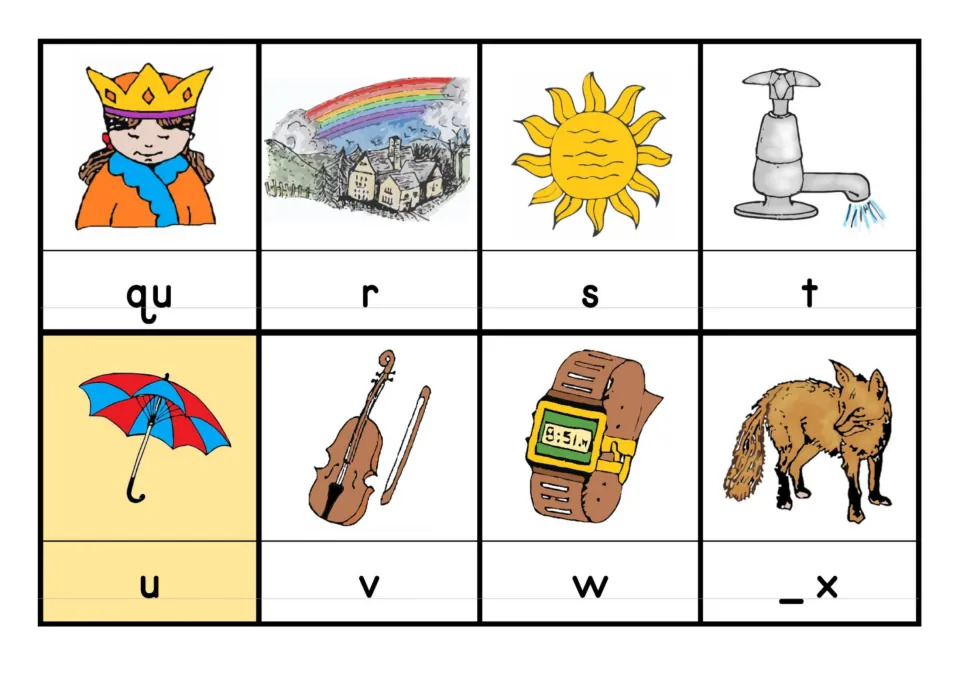 Picture cards qu to x: queen, rainbow, sun, tap, umbrella, violin, watch and fox, with x shown as an ending sound