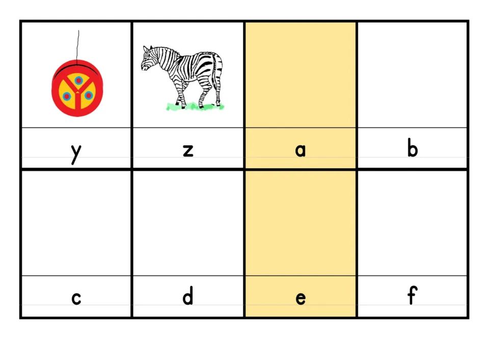 Yo-yo and zebra picture cards for y and z, followed by letter-only cards a to f with space above to add a matching picture