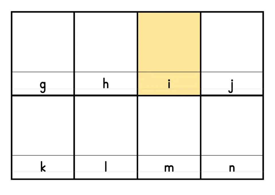 Letter-only cards g to n with an empty space above each letter where a picture that starts with that sound can be added
