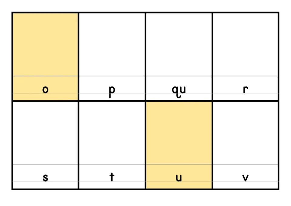 Letter-only cards o to v, including qu, with room above each letter for a picture that begins with that sound