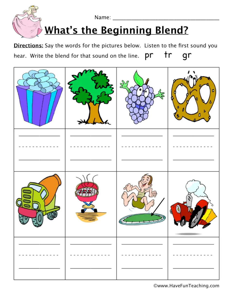 Beginning blend practice: choose pr, tr, or gr for present, tree, grapes, pretzel, and four more pictures.