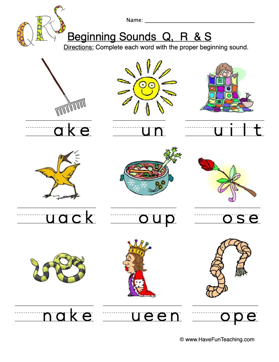 Beginning sounds Q, R and S: students write the missing first letter to complete nine picture words like quilt and soup