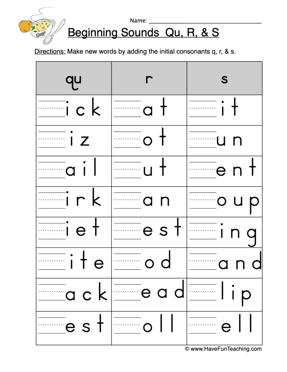 Beginning sounds practice: complete 24 words with qu, r, or s, including quick, rat, sit, quiz, and sun.