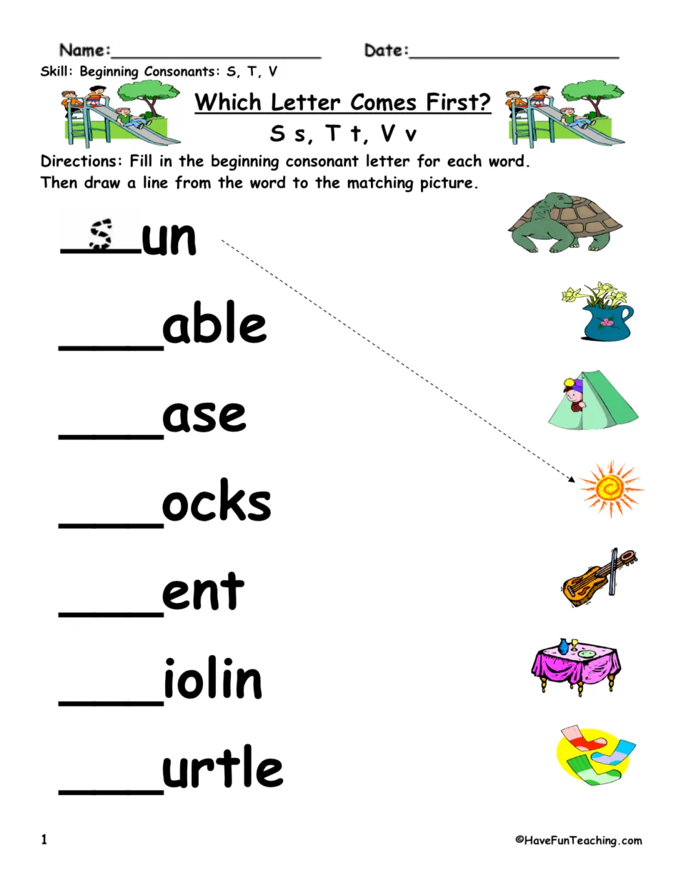 Beginning S, T, V practice: complete and match sun, table, vase, socks, tent, violin, and turtle to pictures