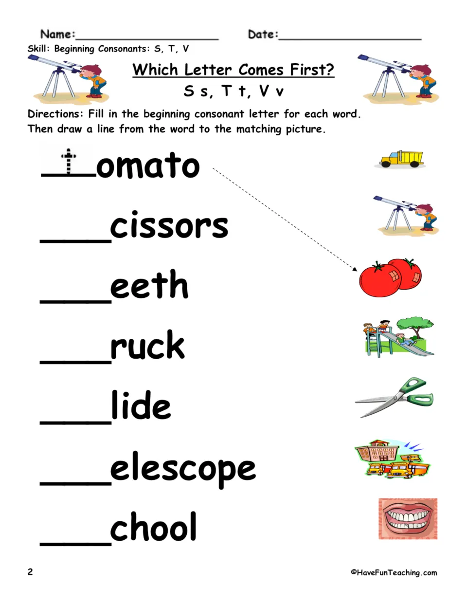 Beginning S, T, V practice: complete tomato, scissors, teeth, truck, slide, telescope, and school; match pictures