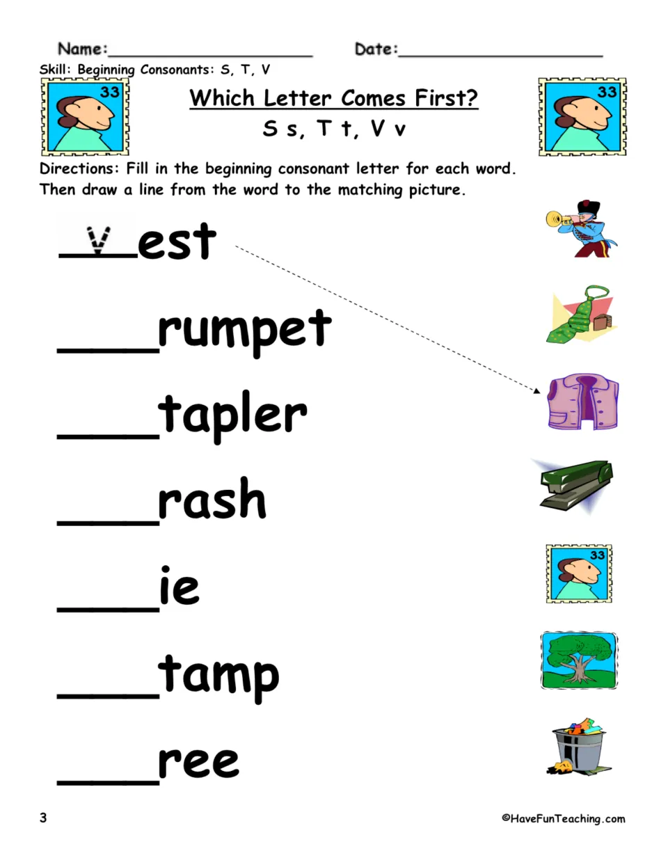 Beginning S, T, V practice: complete and match vest, trumpet, stapler, trash, tie, stamp, and tree to pictures