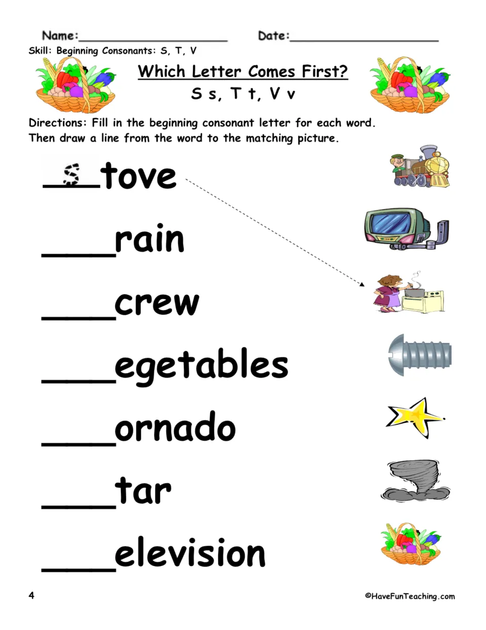 Beginning S, T, V picture matching: complete stove, train, screw, vegetables, tornado, star, and television